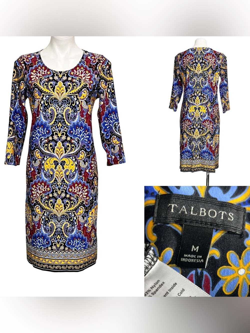 Talbots dress‎ M blue multicolor Paisley Sheath 3/4 sleeve stretch office church